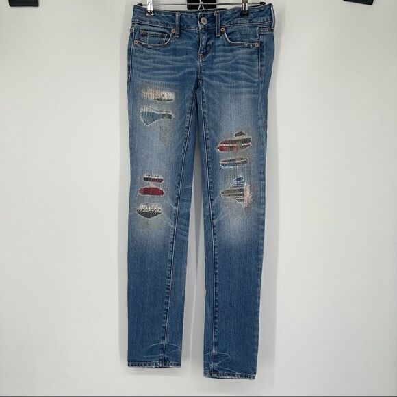 American Eagle stretch distressed patched jeans - Picture 1 of 8